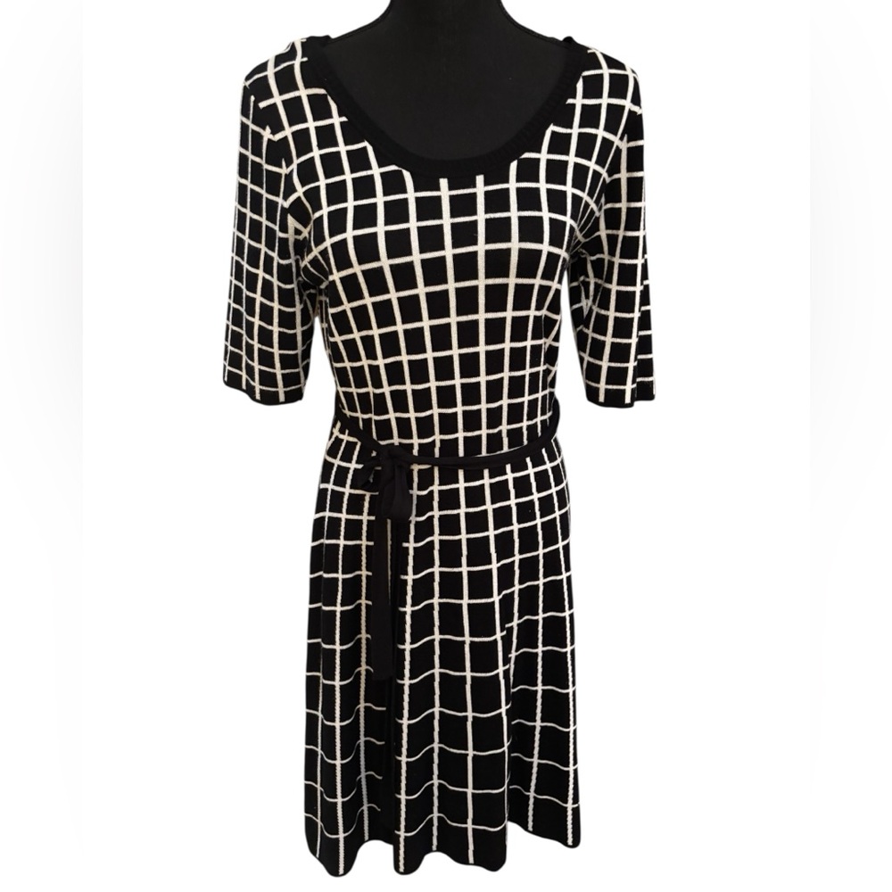 Danny & Nicole Black and White Checkered Sweater Midi Dress Fit & Flare Size L